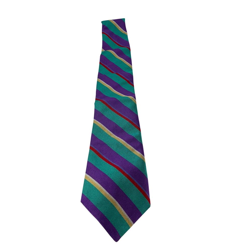 Vtg Lands’ End Neck Tie Purple Green Yellow Red Diagonal Repp Striped Silk Italy